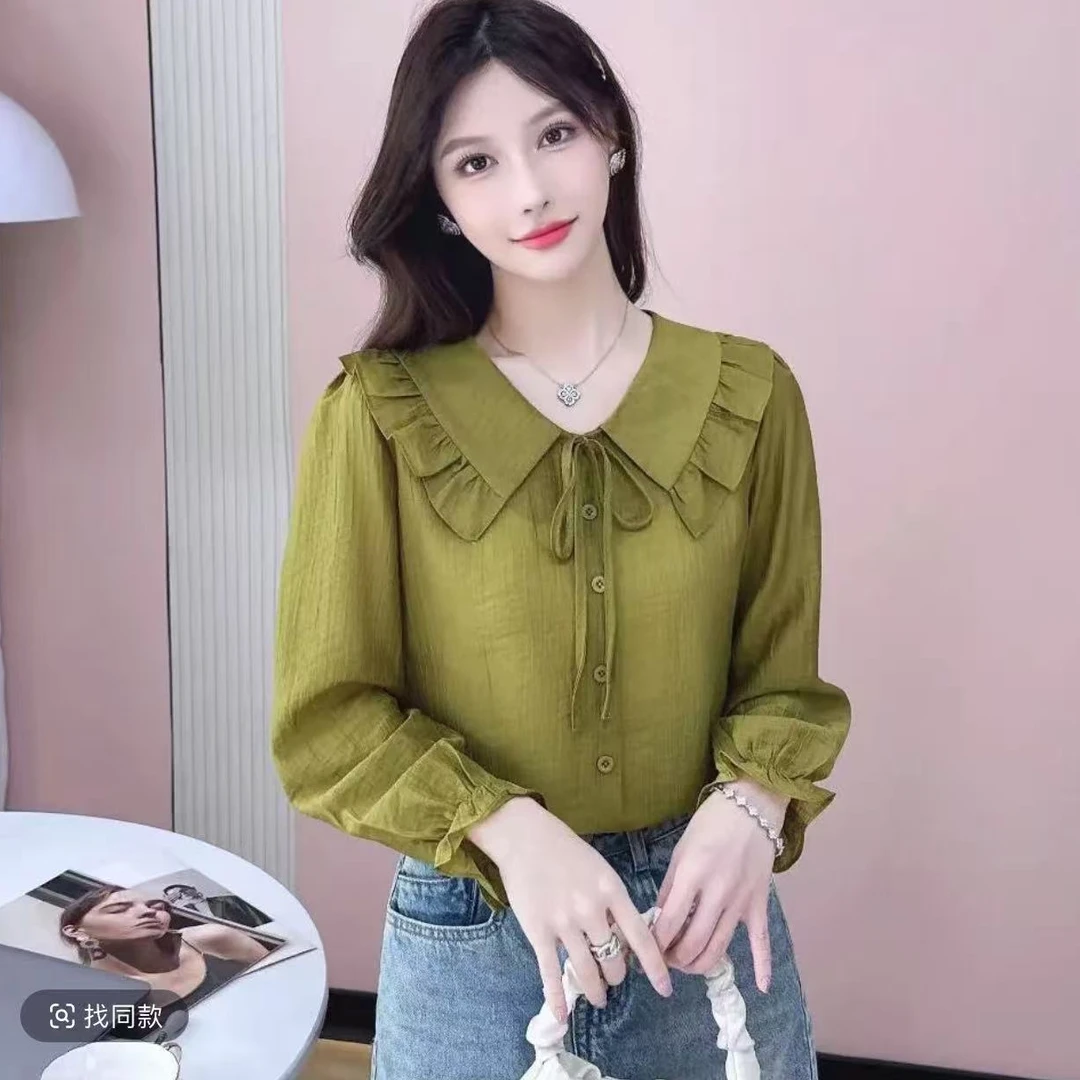 秋季新款娃娃领系带长袖衬衫女时尚洋气显瘦上衣204#