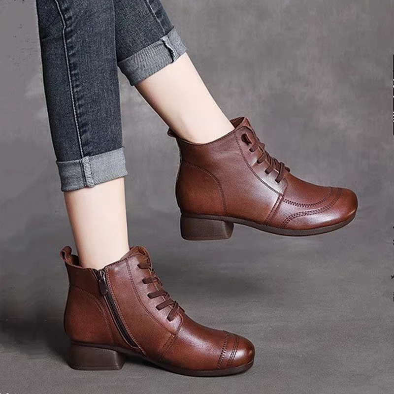 【文鑫服饰专属】复古真皮中跟粗跟短靴单靴民族风冬季百搭女靴