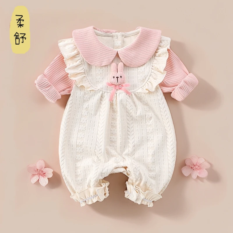 婴儿衣服春装新生女宝假两件连体衣公主满月百天外出哈衣爬服春秋