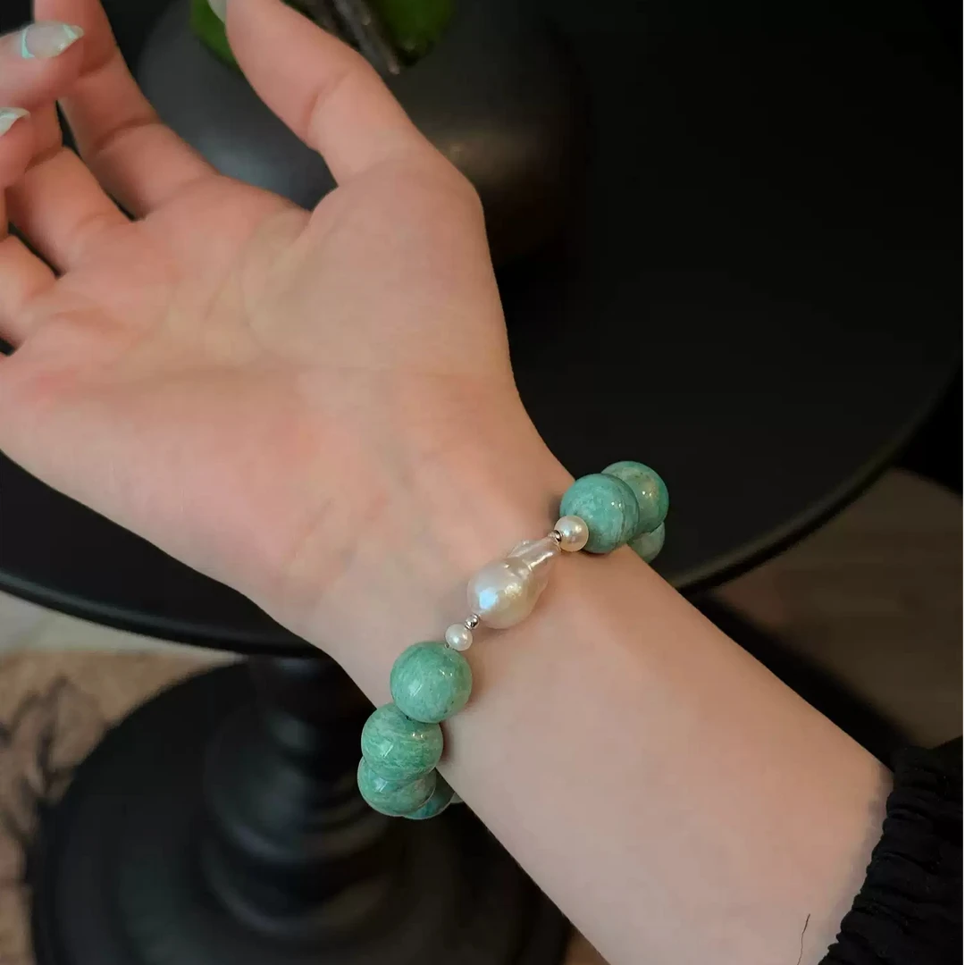 S11040<非晚>s925银天河石圆珠随型巴洛克珍珠椭圆OT扣手链