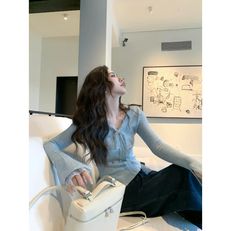蝴蝶结蕾丝针织长袖t恤打底衫女早春季短款v领不规则内搭短款上衣