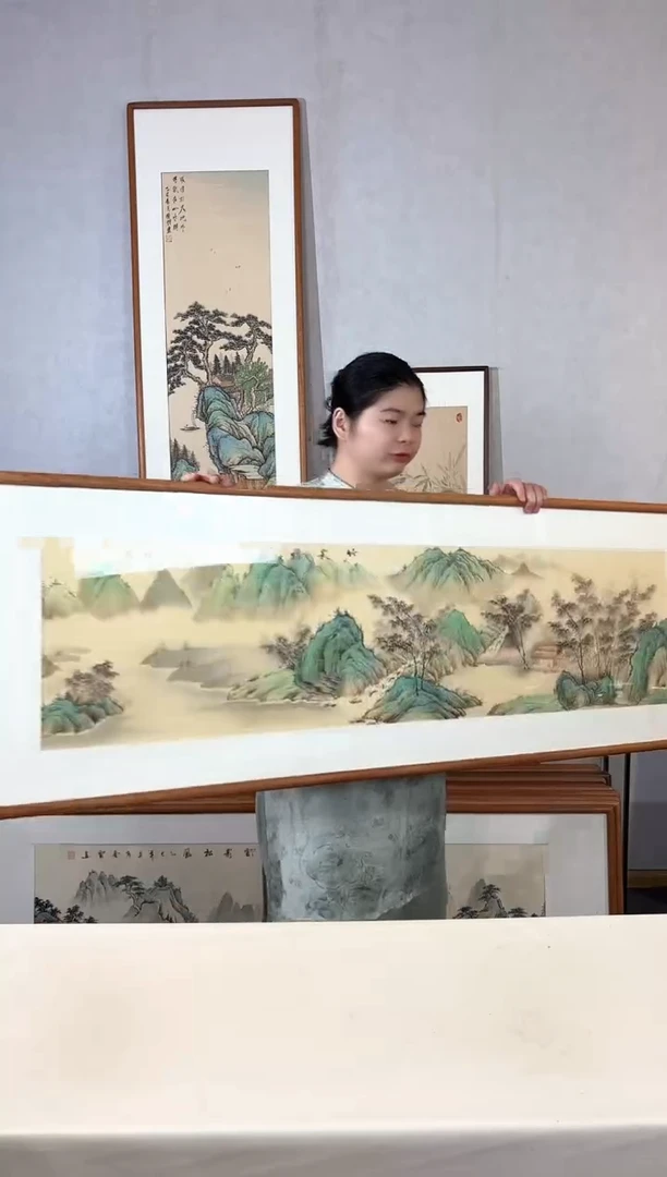 国画手绘*竹影雅舍*52*172cm发黑胡桃色木框*介意勿拍