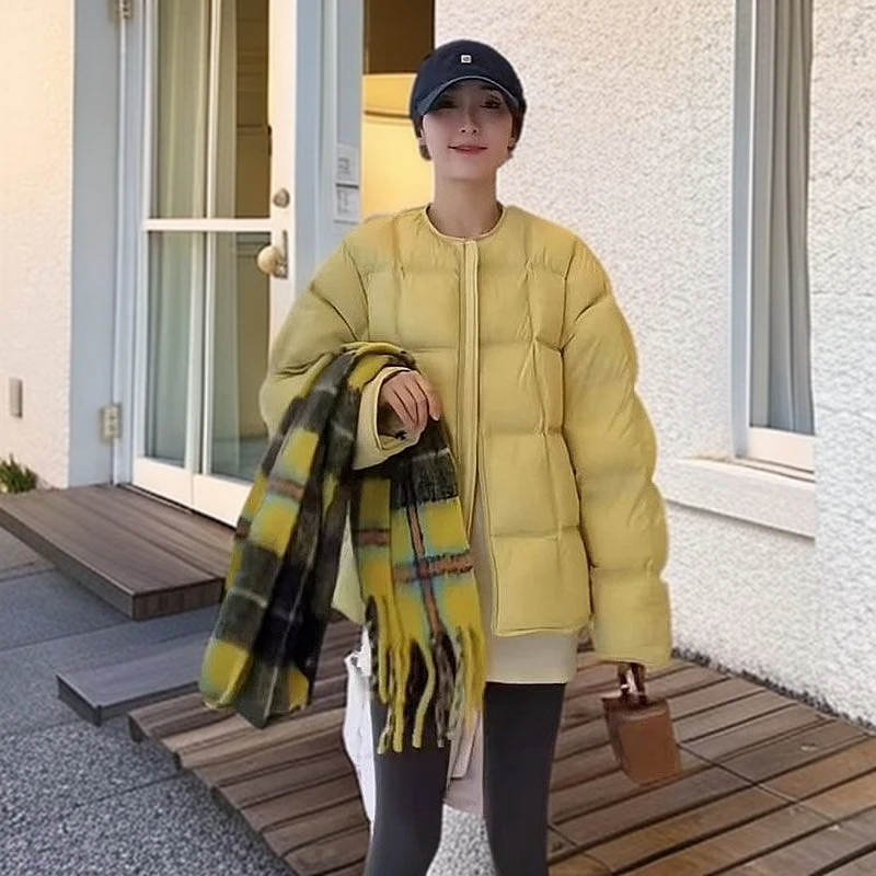 欧货宽松短款轻薄无领羽绒棉服女冬季2025新款简约保暖面包服外套