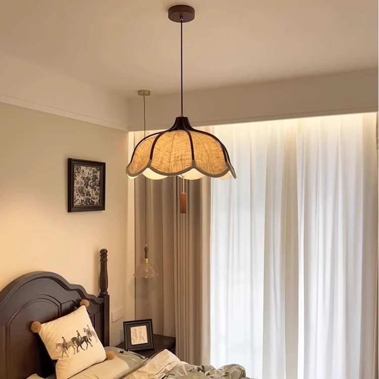 实木中古风布艺吊灯主卧室侘寂风复古茶室艺术创意餐桌阳台餐厅灯