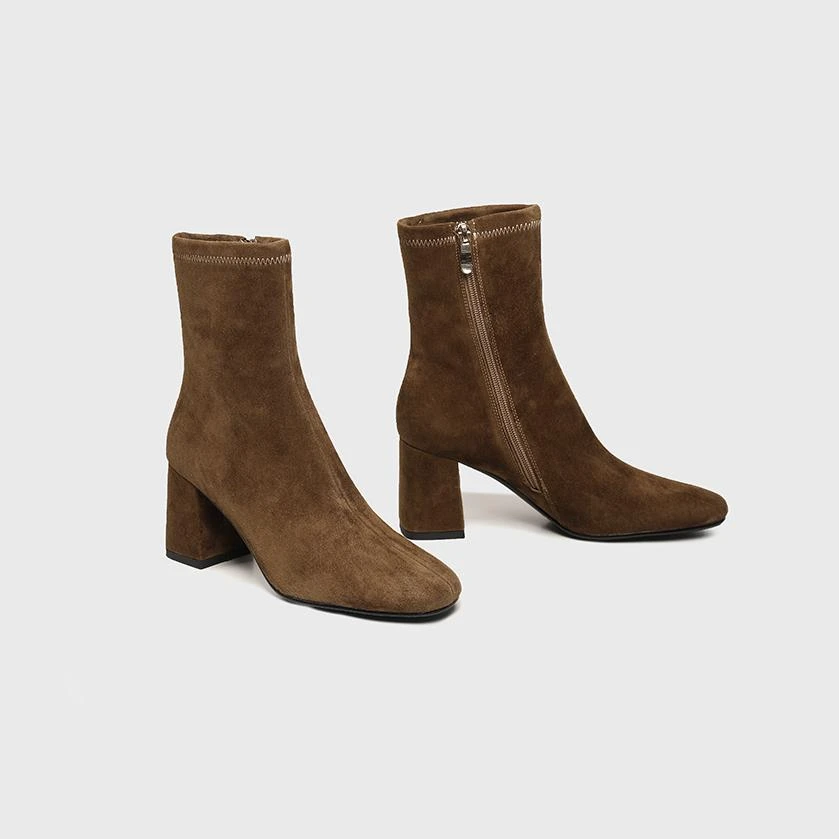 高档舒适时尚百搭羊皮高跟英伦风短靴女春秋单靴圆头粗跟瘦瘦靴潮