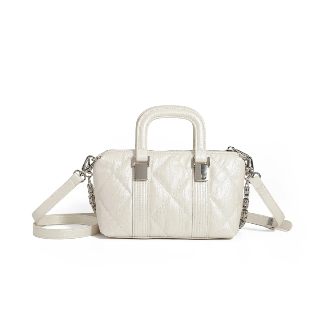 【高端定制】都市肤感菱格链条手提包新款时尚单肩斜挎M-1377珍珠白