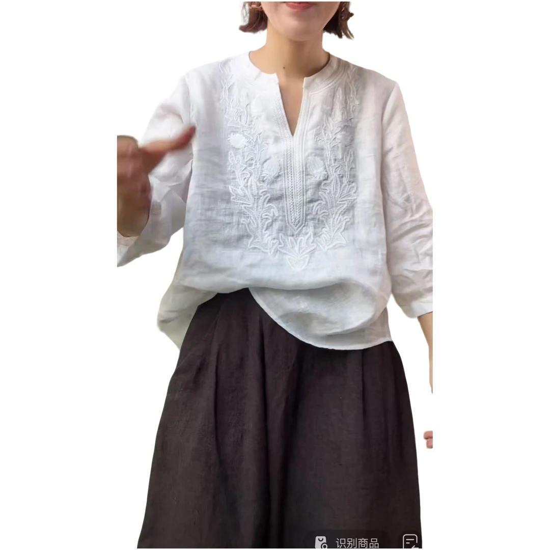 【古琦推荐】2025早秋新款100纯压麻剪刀领时尚气质刺绣衬衫7556