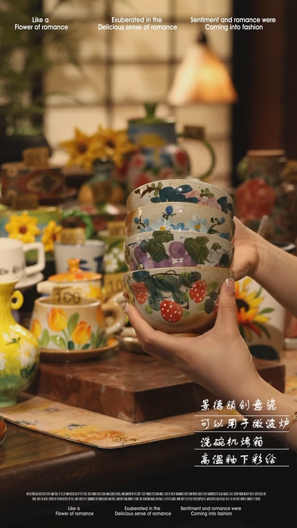 陶瓷四件套景德镇高温手绘釉下彩设计师款式