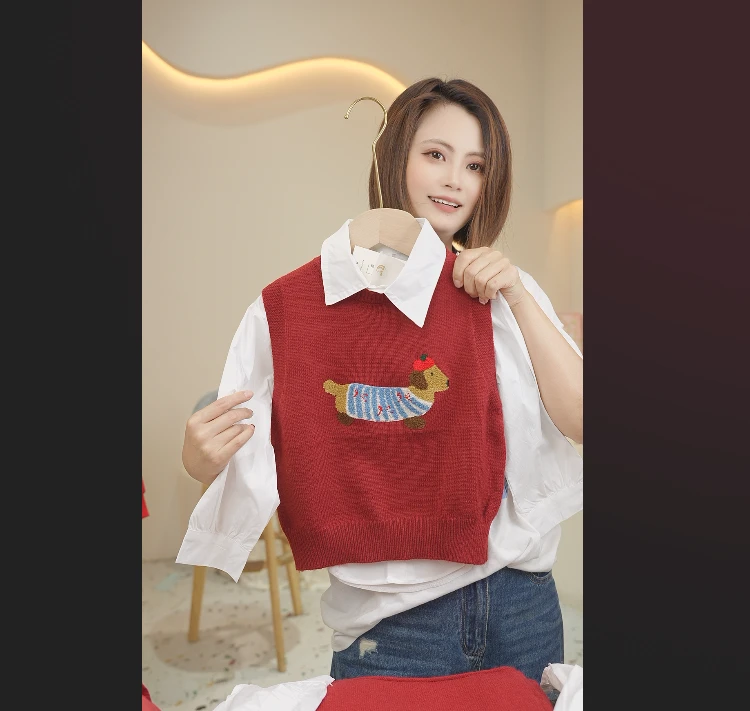 现货Q315女童秋季小狗刺绣圆领2025新款毛衣套装