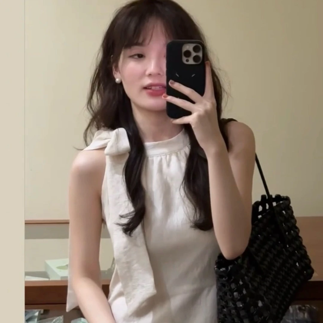 法式温柔风蝴蝶结无袖连衣裙女夏季高级感气质修身显瘦收腰长裙子