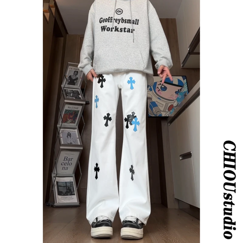 美式高街网红同款十字架立体贴布潮牌牛仔裤男宽松百搭休闲潮裤