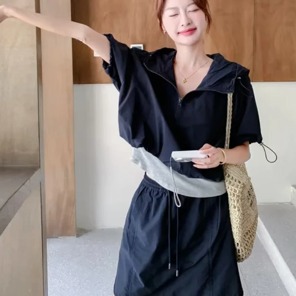 【小鑫】甜酷夏日 胖mm假两件抽绳薄款短袖减龄半裙两件套