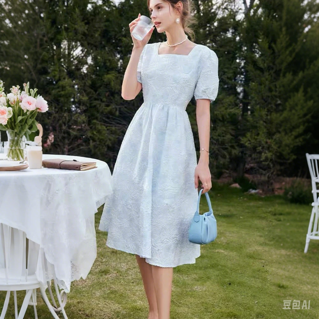 086【猪猪--孤品断码】气质方领法式女装连衣裙纯色优雅收腰设计感