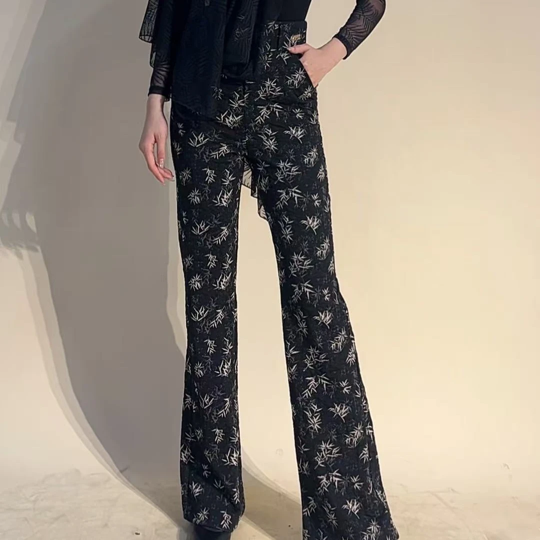 YRSS舞服♥新款秋冬款枫叶裤 微喇显瘦气质高腰黑色摩登裤