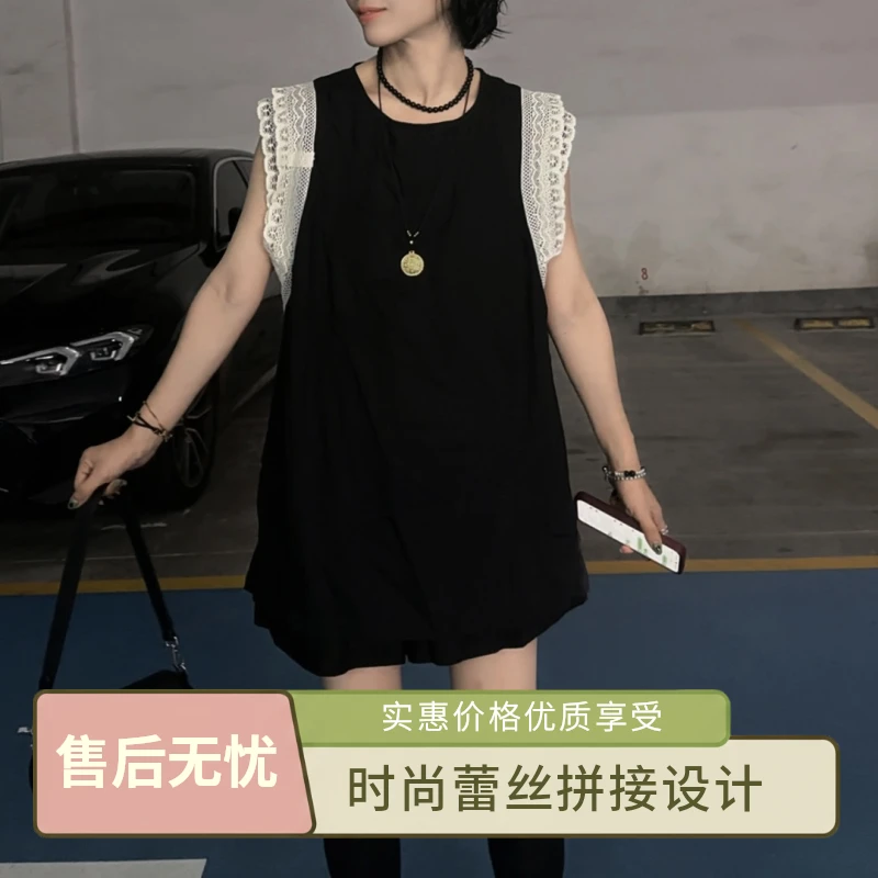 【芬芬姐精选2025】夏款新品苎麻 双层蕾丝拼接袖套装短裤+上衣