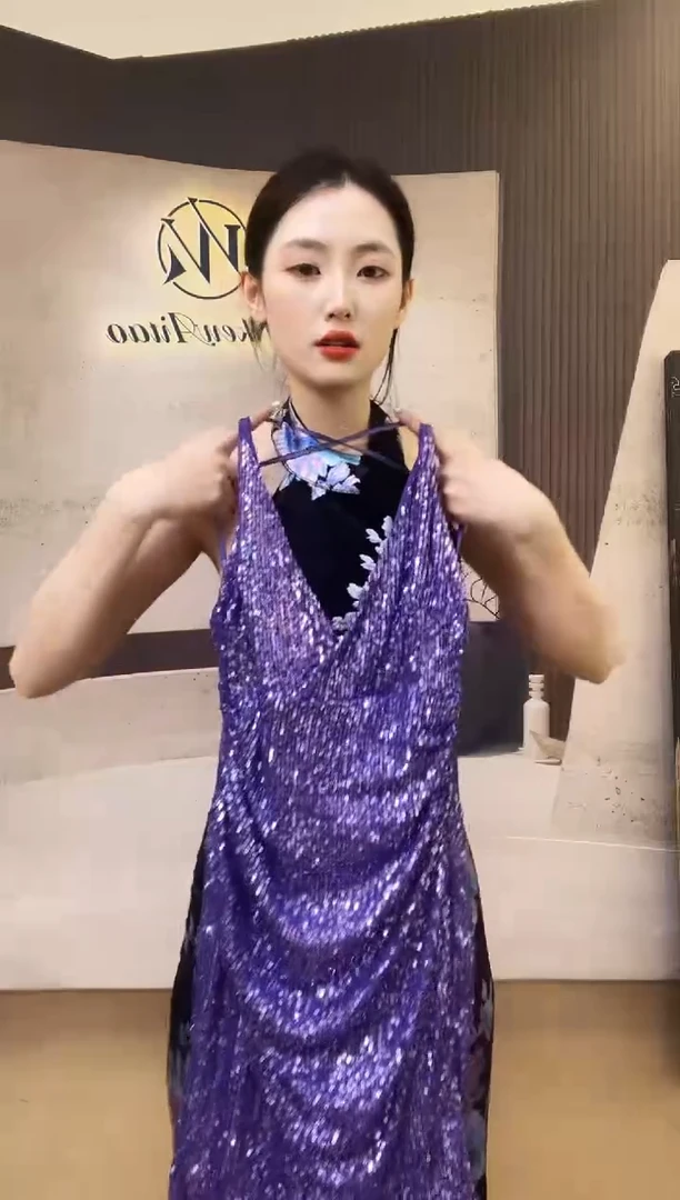 紫色亮片深V礼服-S码