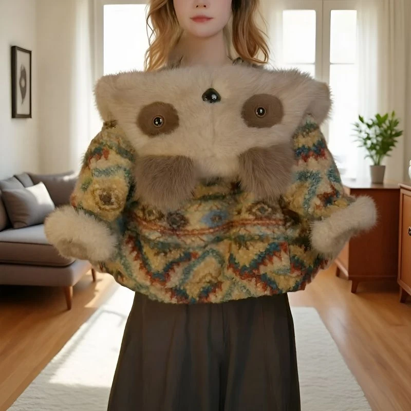 【男女同款】彩虹冬天连帽浣熊时尚可爱童装加绒加厚上衣毛毛外套14