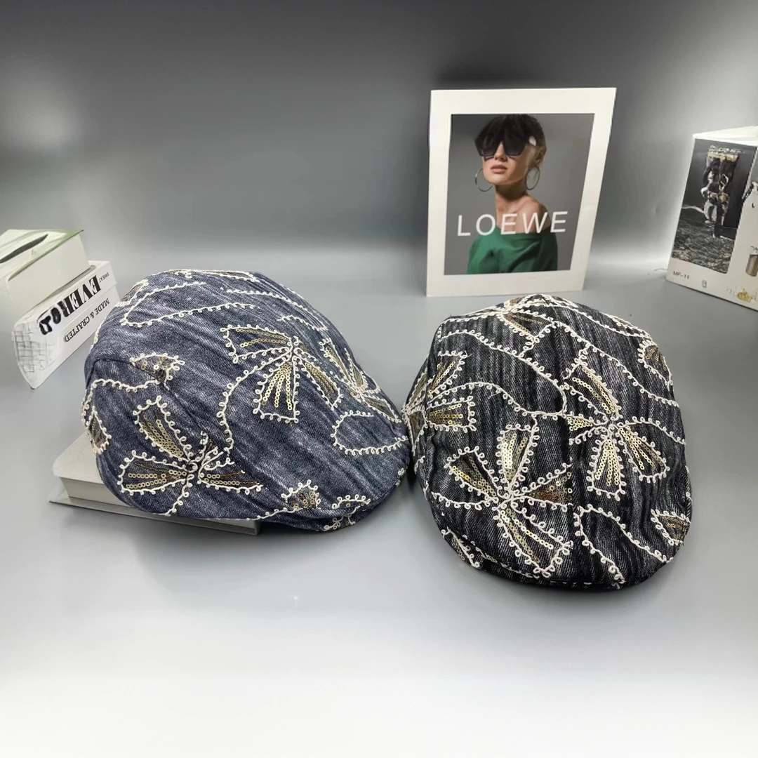 日系刺绣花朵亮片牛仔鸭舌帽春夏街头百搭气质贝雷帽画家帽显脸小
