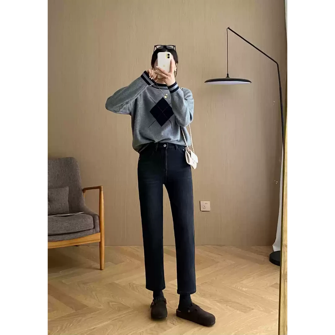 1199-黑色加绒加厚直筒九分裤时尚百搭潮流秋冬韩版