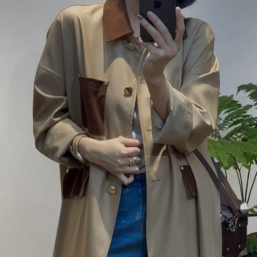 TANTAN 气质休闲百搭中长款磨砂皮拼接秋季外套2832