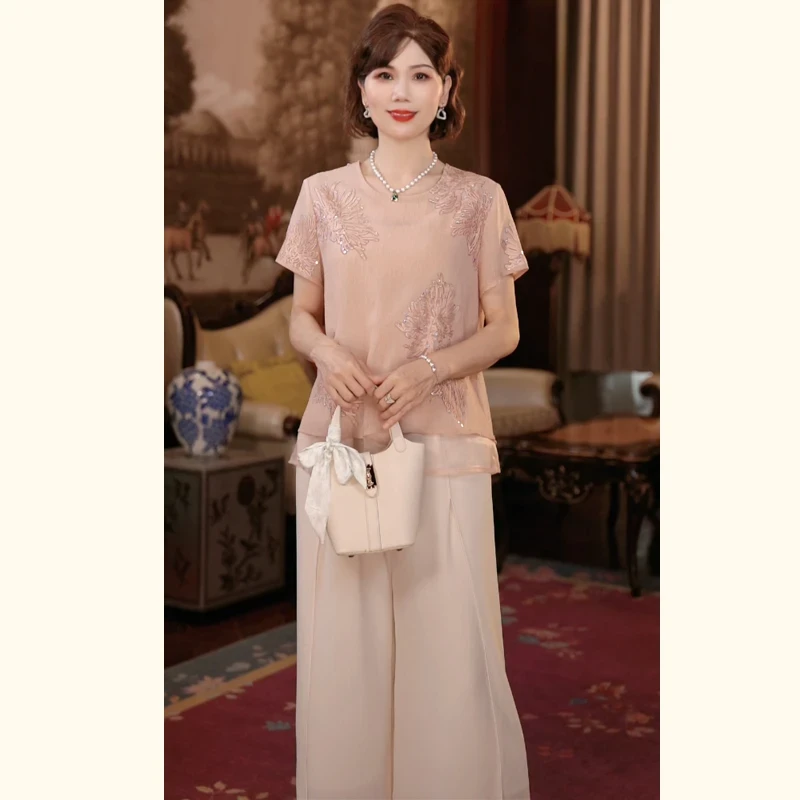 年轻妈妈夏装短袖T恤小衫2025新款洋气中老年女装上衣服套装