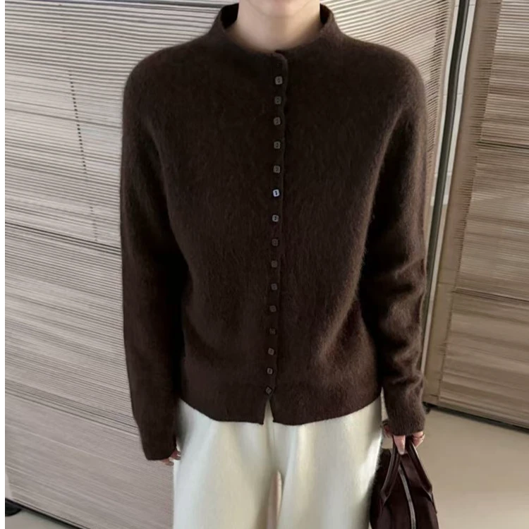 甄选山羊绒拉毛小香风女士羊毛衫百搭时尚立领针织开衫网红打底衫