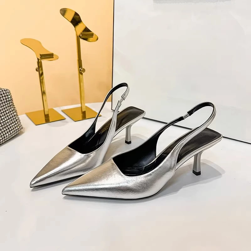 气质羊皮断码清仓法式尖头细跟包头凉鞋女2025夏季新款浅口高跟鞋