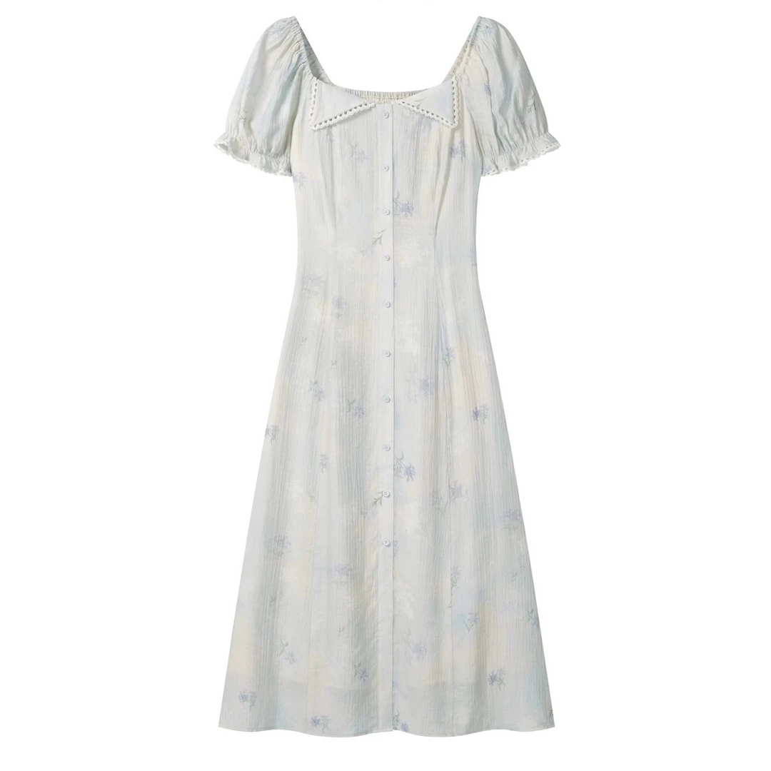 羊城故事-灰蓝色气质碎花方领拼接花边收腰连衣裙Y50550371