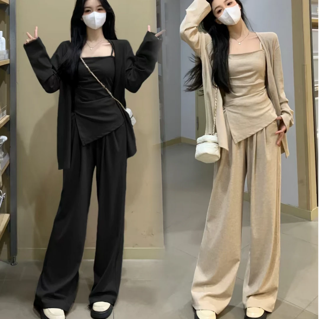 大码胖mm巨显瘦套装吊带外披长裤休闲三件套女春夏穿搭一整套