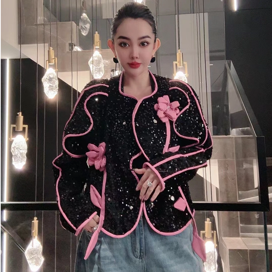 LEDS 1078春怡暖阳*春季新款立体花亮片短皮衣外套