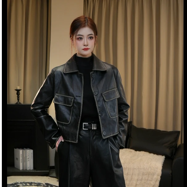 时尚短款皮衣外套女秋款洋气减龄显瘦高级翻领机车服皮克上衣