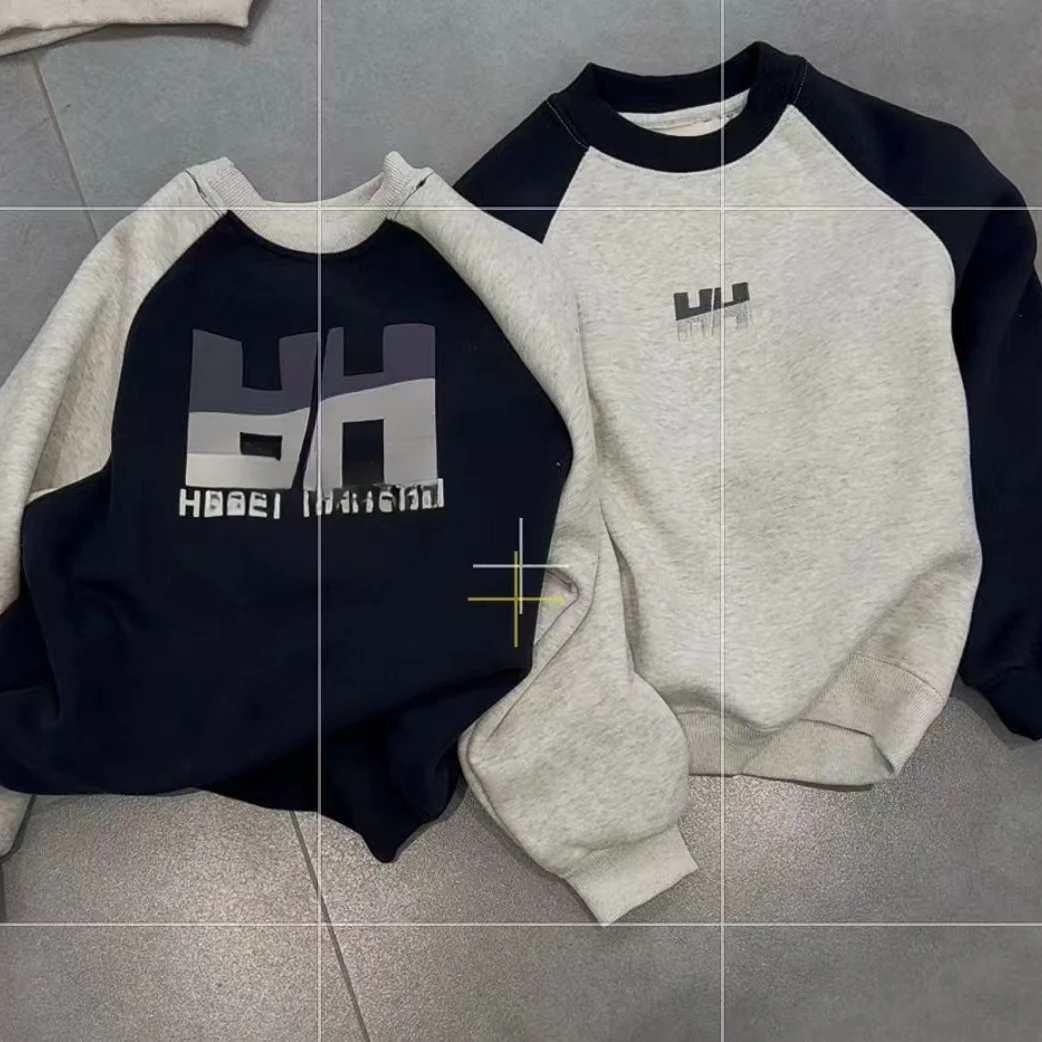 D233圆领秋冬加绒款长袖拼色时尚套头款宽松型卫衣