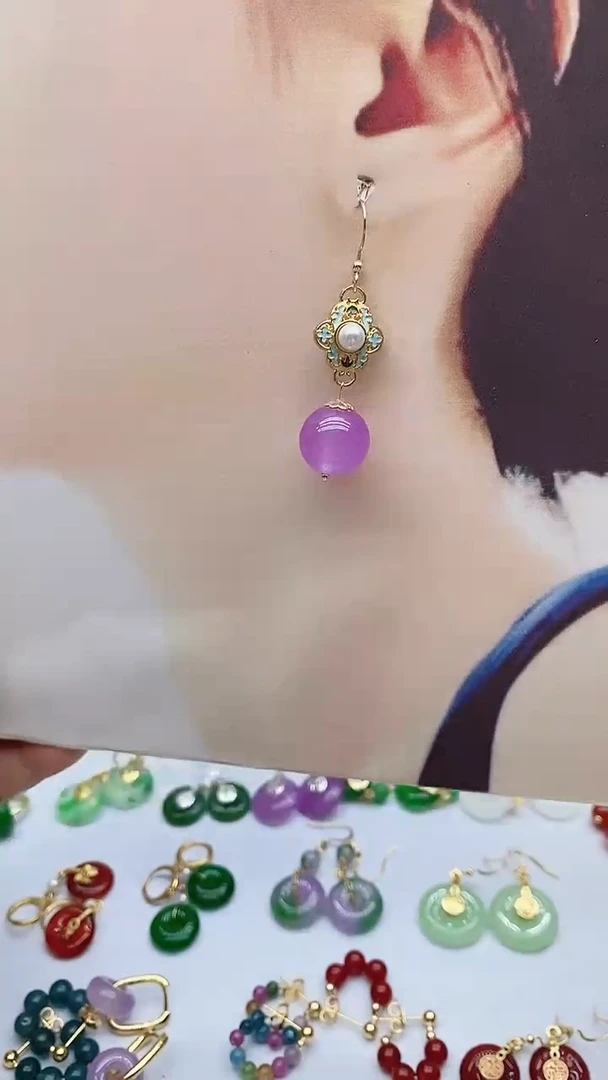 14K金镶嵌石英质玉（天山翠）耳饰95