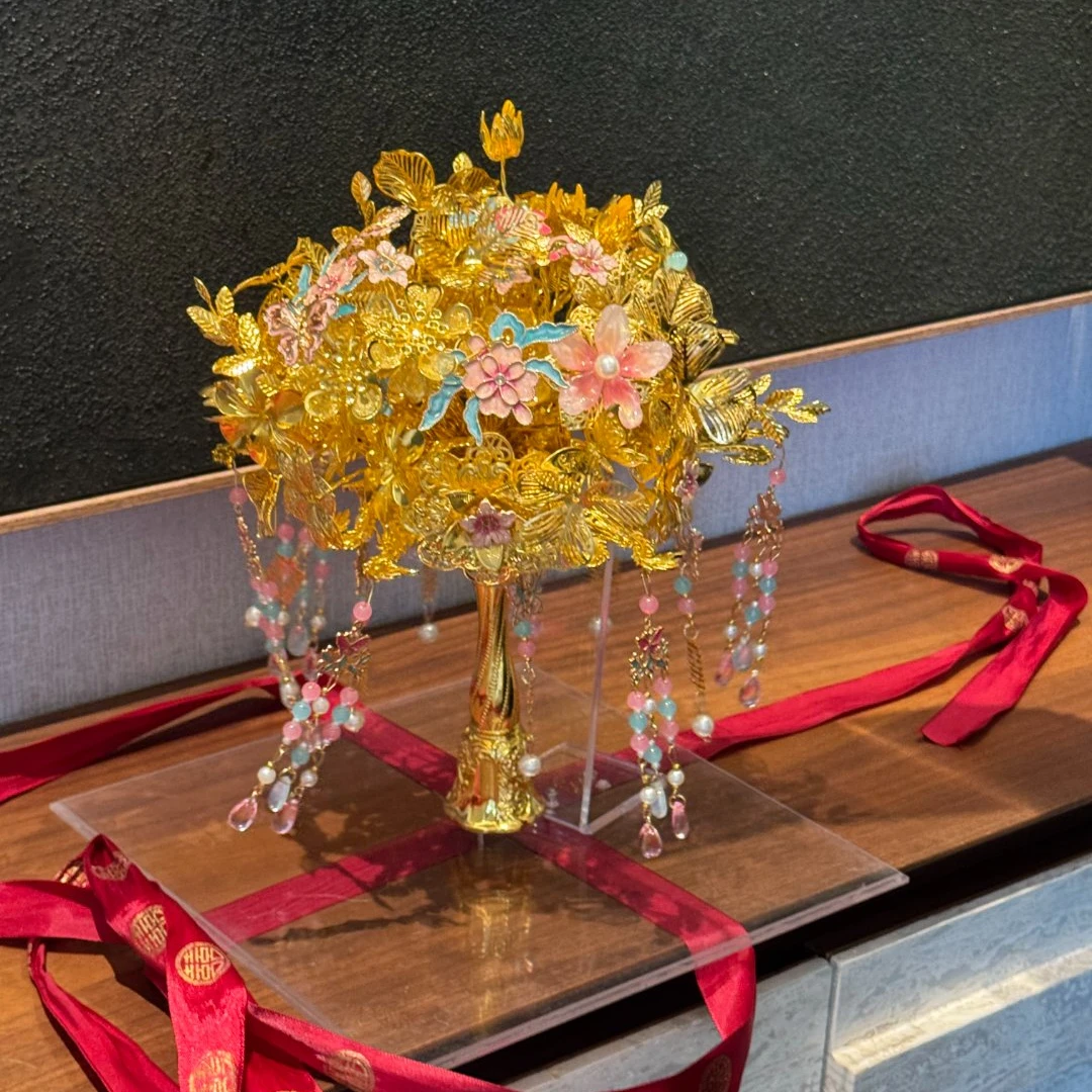 粉金色手捧花diy自制材料包手工成品中式嫁衣新娘闺蜜结婚礼物材