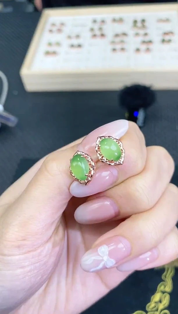 银S925镶嵌和田玉耳饰永**絆6拍一发一对