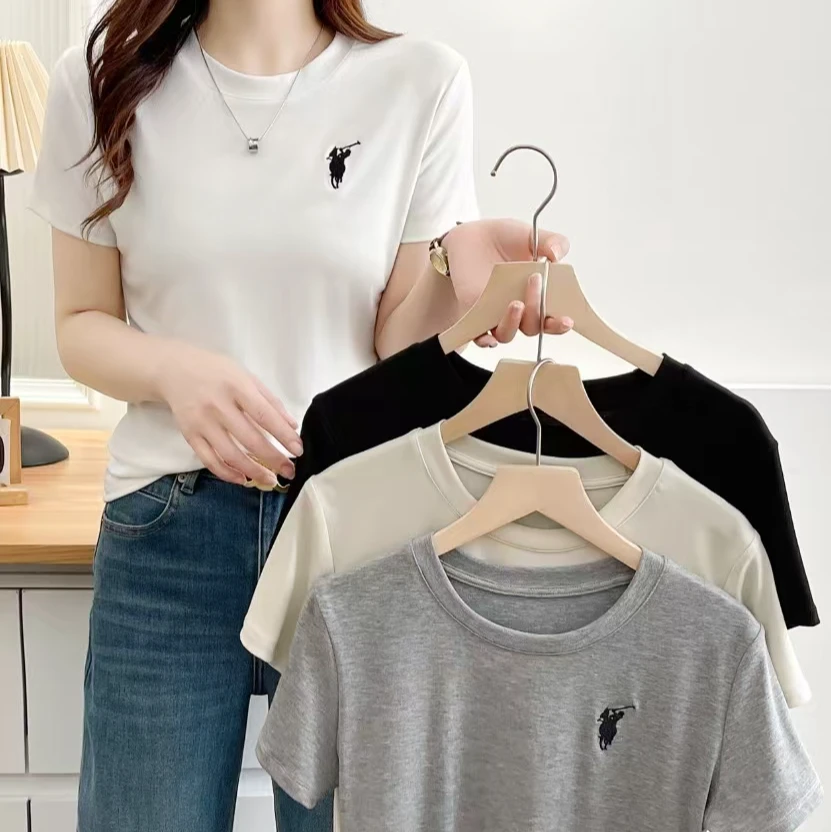 夏季新款时尚简约百搭纯色圆领刺绣正肩显瘦女短袖T恤-02款