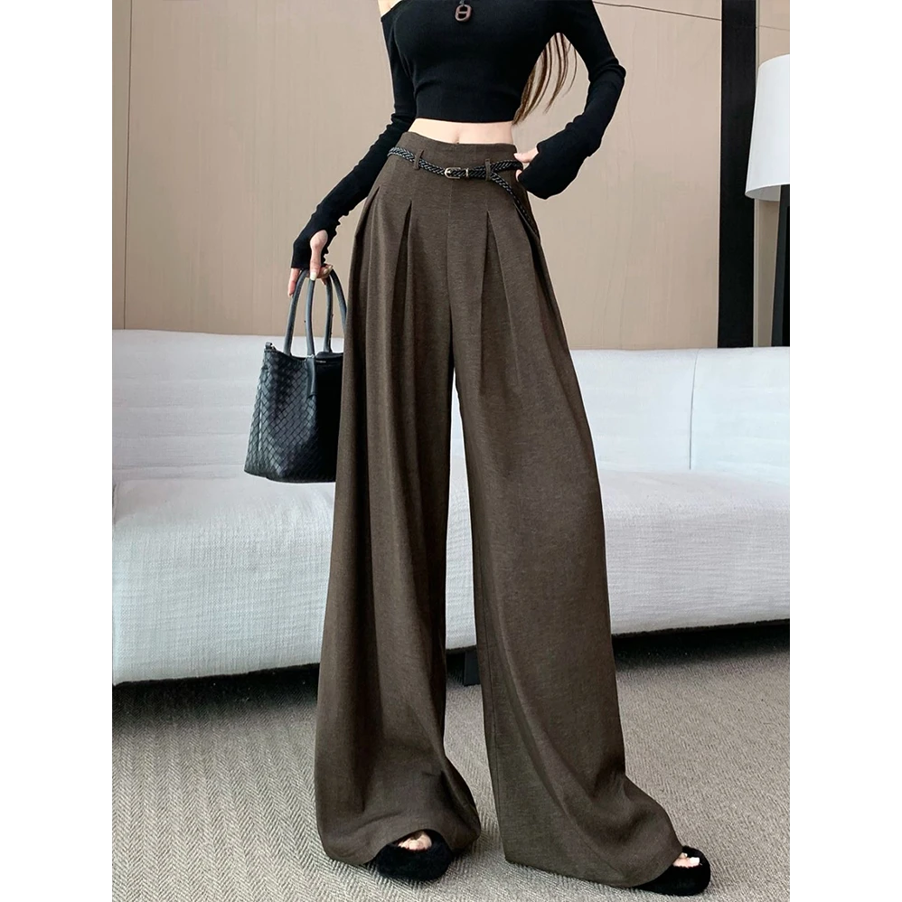 法式复古咖色高腰压褶休闲阔腿裤女早秋新款时尚宽松显瘦西装裤