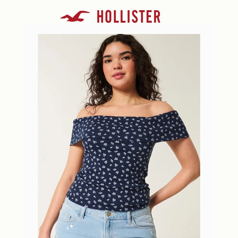 Hollister25夏季法式Y2K辣妹一字肩露肩T恤女装KI339-5100