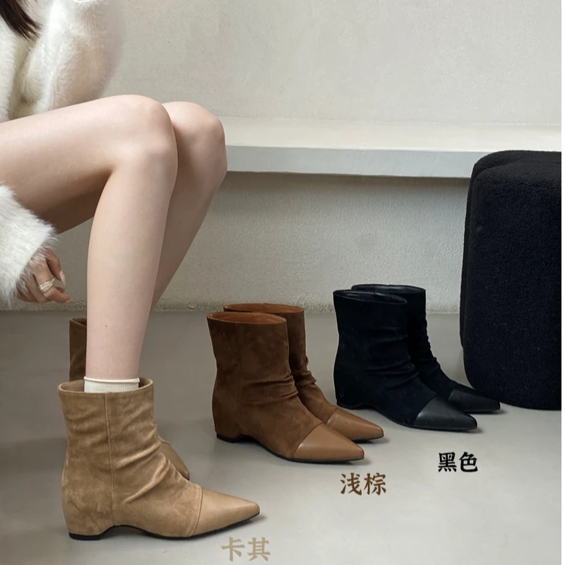 内增高黑色女尖头瘦瘦靴百搭短靴气质拼接短筒靴