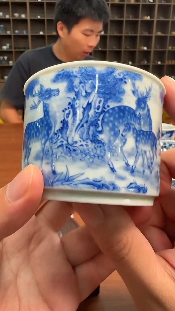 【不晓堂】柴窑青花林森见鹿容天杯