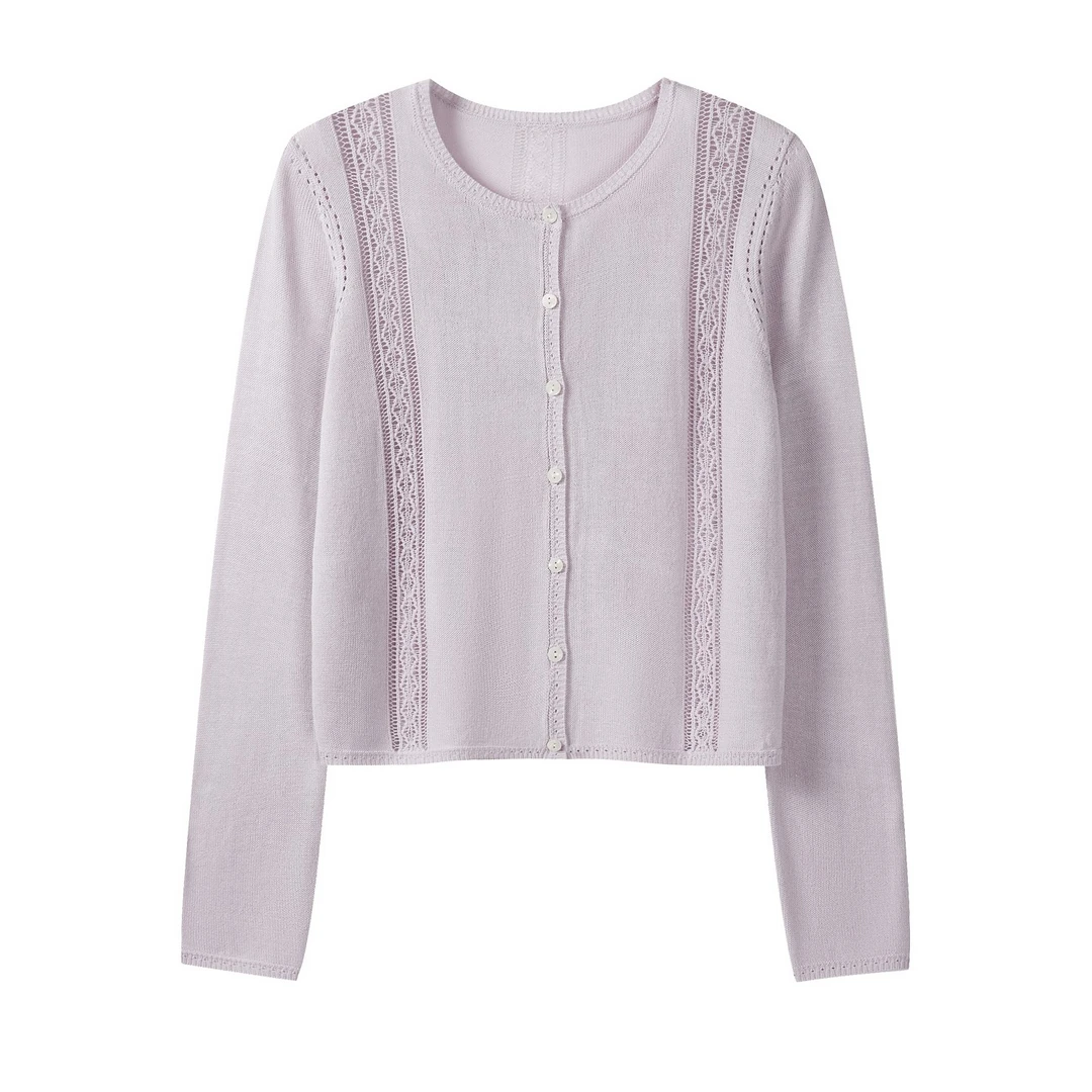 羊城故事-韩系紫色圆领开衫女设计感轻薄宽松针织衫Y50752266