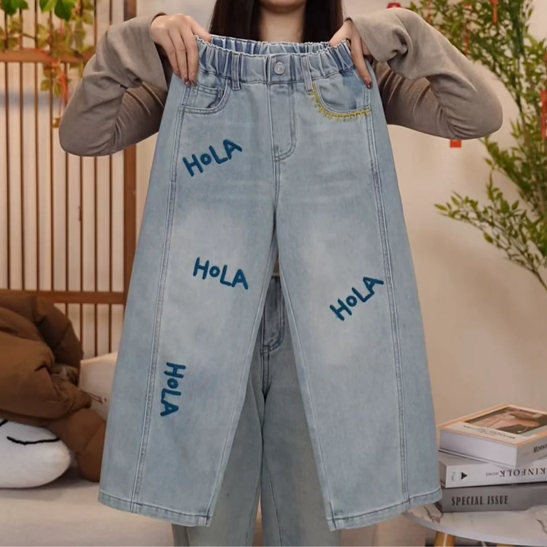 儿童牛仔裤春款2025新款男童中大童时尚字母刺绣休闲宽松裤子潮