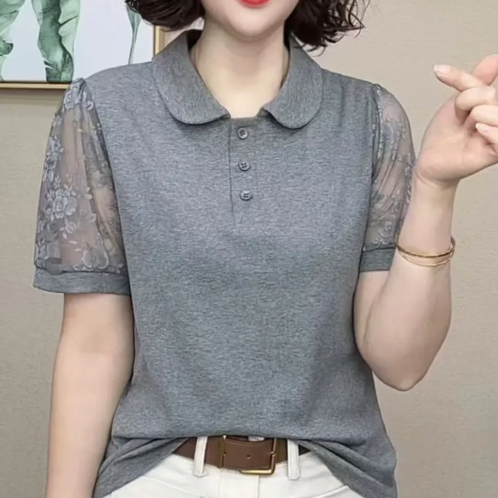 夏季新款时尚洋气短袖T恤宽松显瘦休闲百搭上衣翻领蕾丝拼接小衫