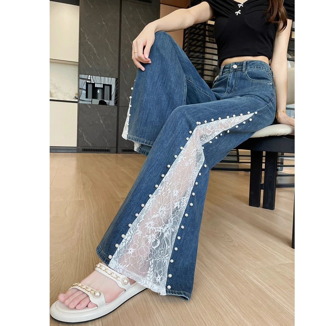 钉珠天丝阔腿牛仔裤女夏季新款弹力莱赛尔天丝蕾丝花边拖地喇叭裤