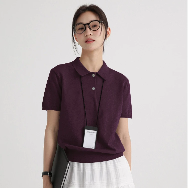 高级感紫色针织POLO领短袖t恤女夏季休闲气质收腰显瘦正肩上衣