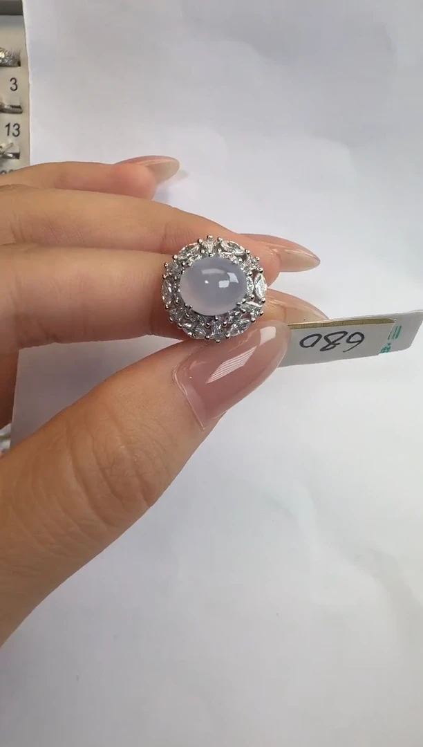 银S925镶嵌戒指翡翠通体925银镶缅甸A货翡翠戒指