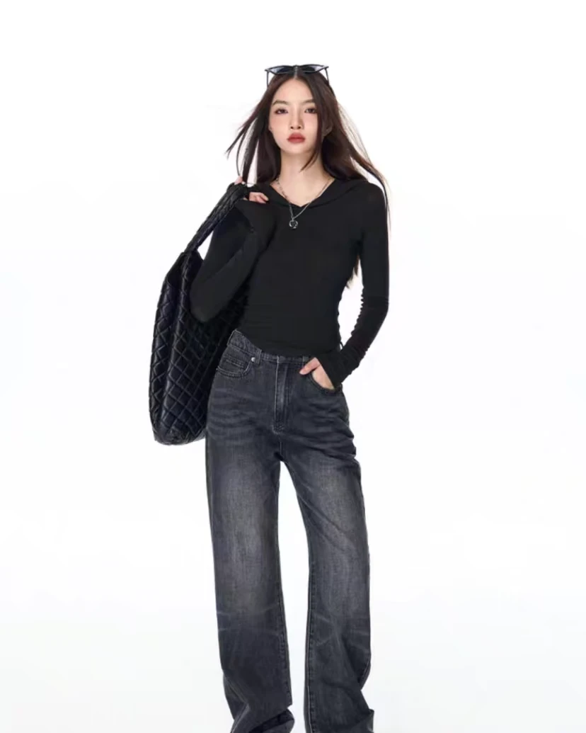 JYE10364蚂蚁腰长袖T恤女新款收腰连帽美式上衣