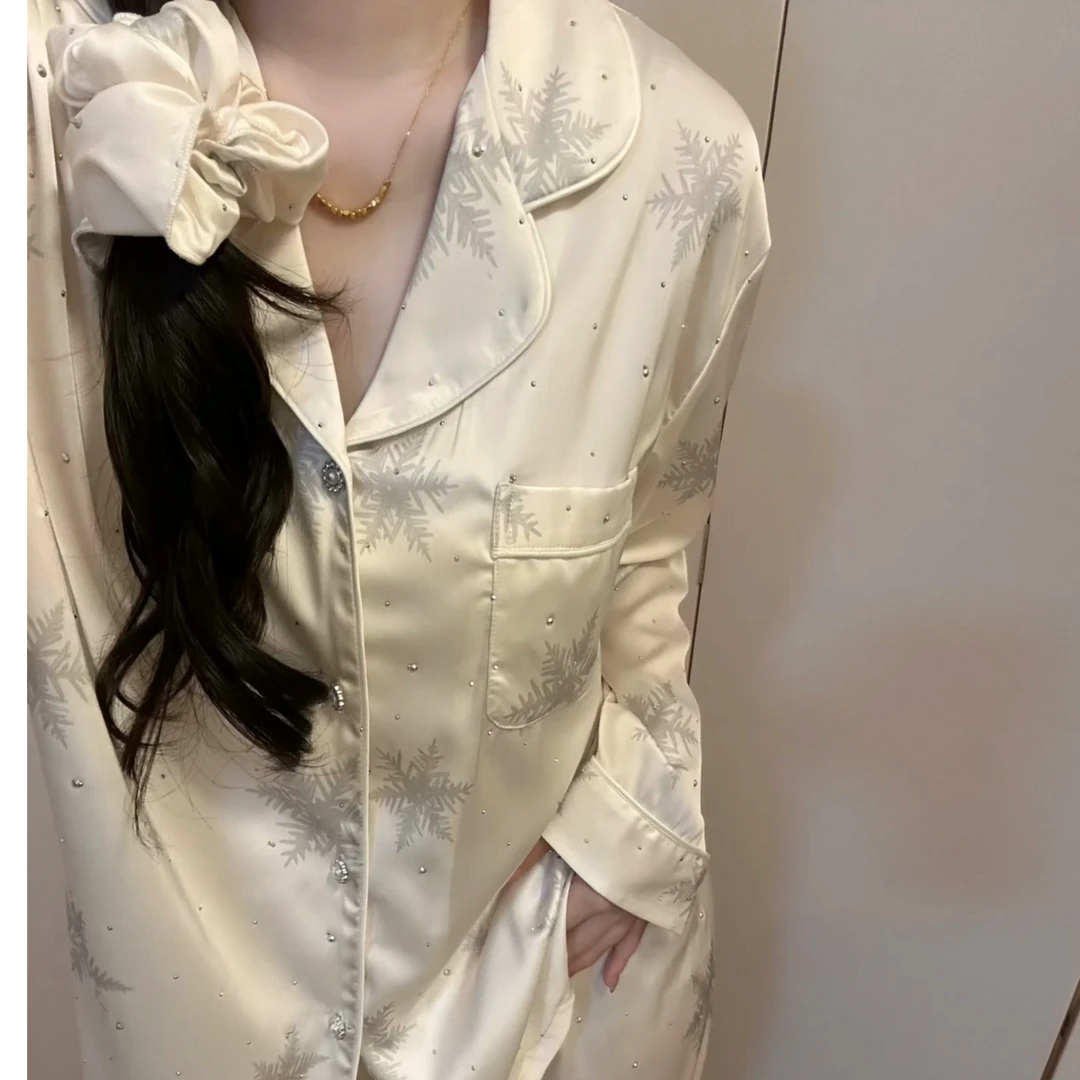 ins高级感烫钻雪花睡衣套装冰丝缎面白色家居服舒适高级感可外穿
