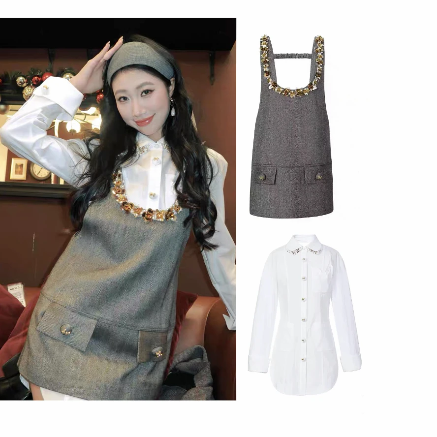 姐魅定制 《LFM奢香千金》重工串金色亮钻灰色人字纹背带裙