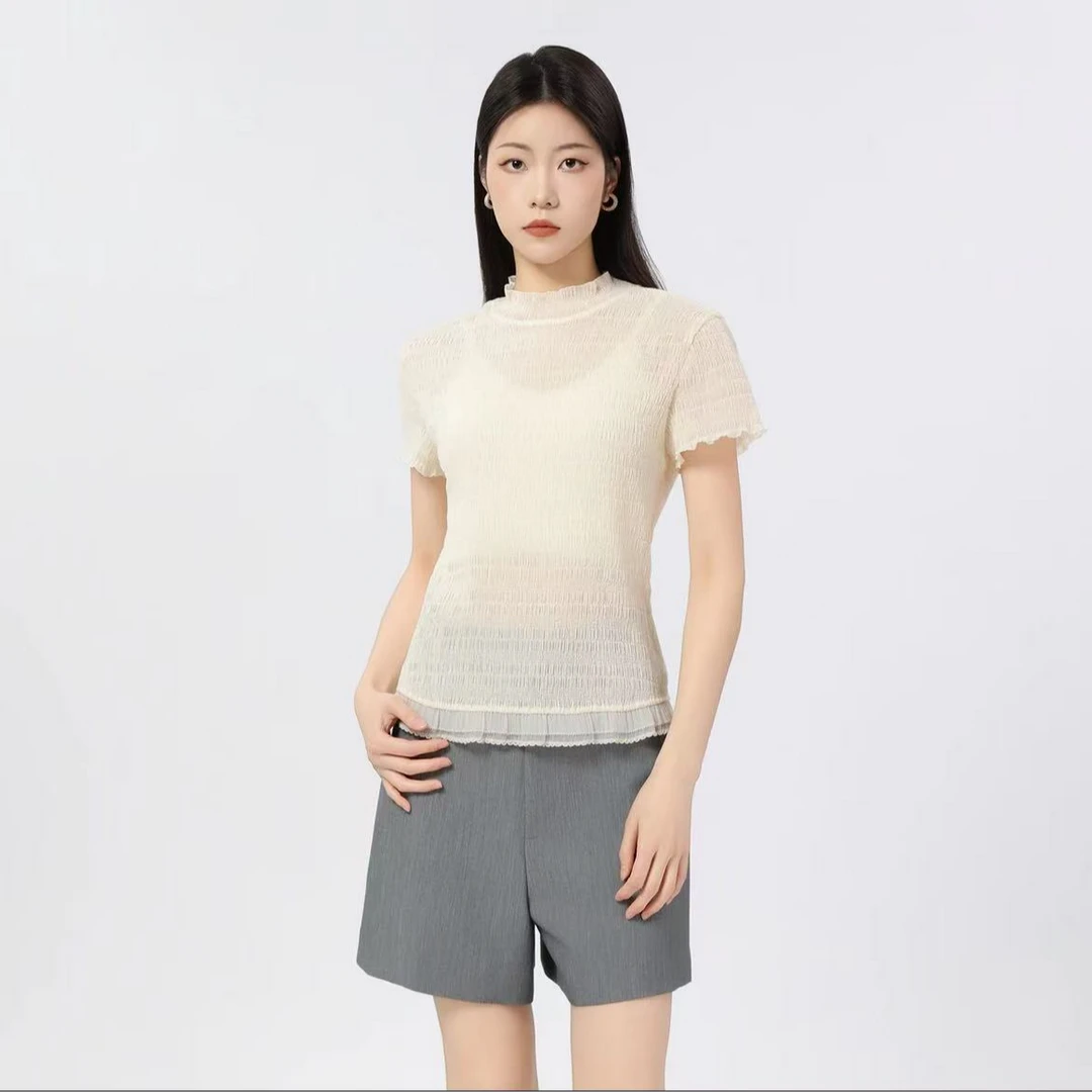 AMASS阿玛施 时尚春夏少女风短袖修身小立领上衣530063休闲圆领女